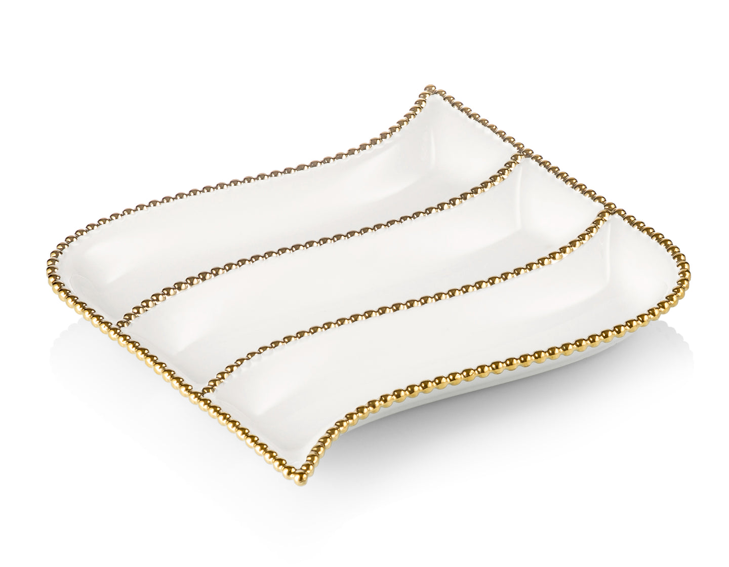 White Porcelain Cracker Dish with Gold Beaded Design
