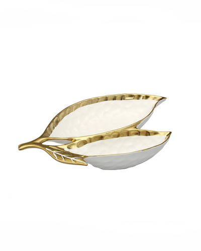 White Porcelain Leaf Relish Dish with Gold Rim