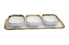 Load image into Gallery viewer, White Porcelain Relish Dish with 3 Square Bowls with Gold Trim