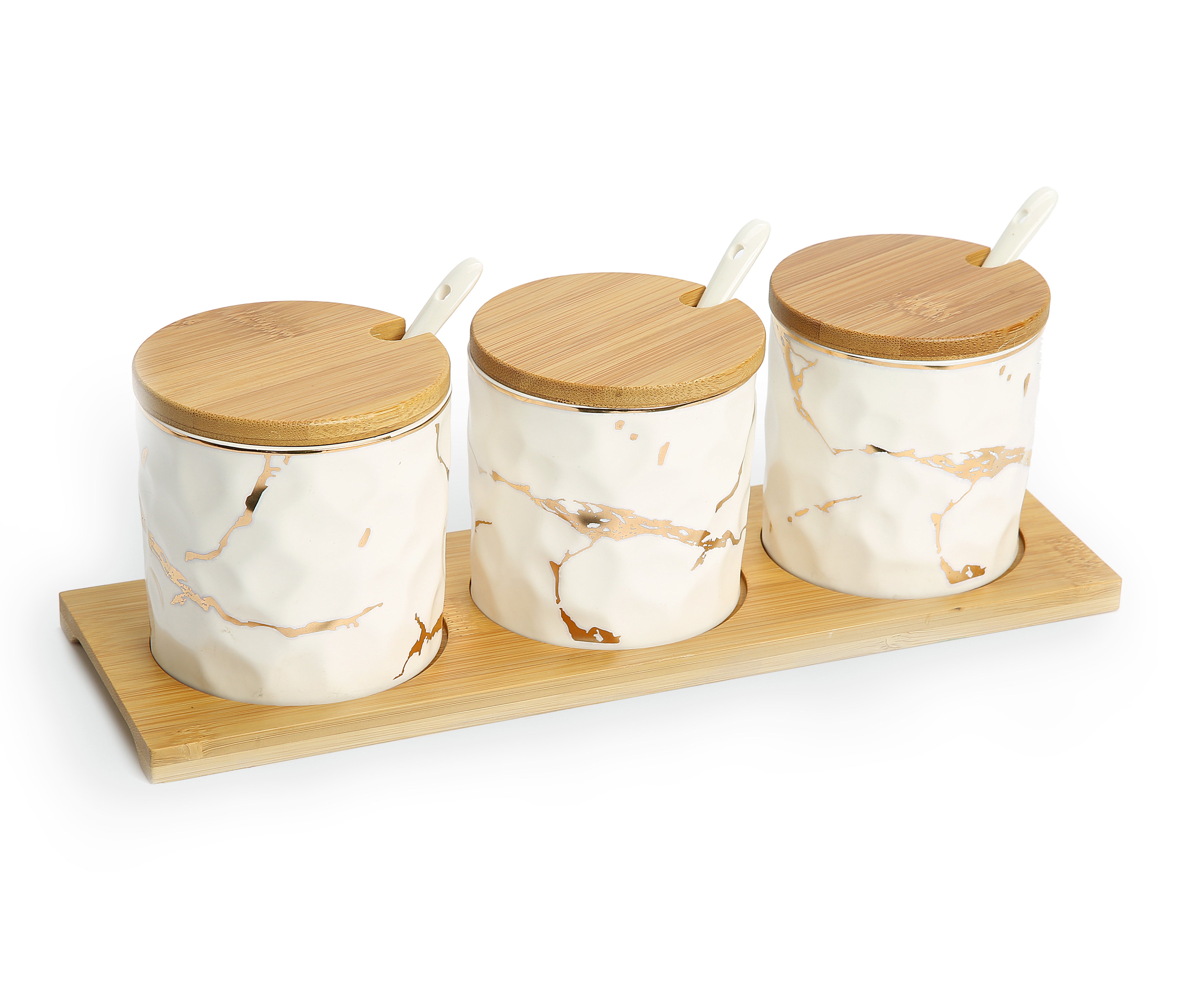 3 Porcelain Jars Spice Condiment Jar Spice Container Set With Wooden Lid,  Spoon and Tray. Marble Design 