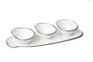 White Ceramic Rectangular Tray with 3 Bowls with Silver Border